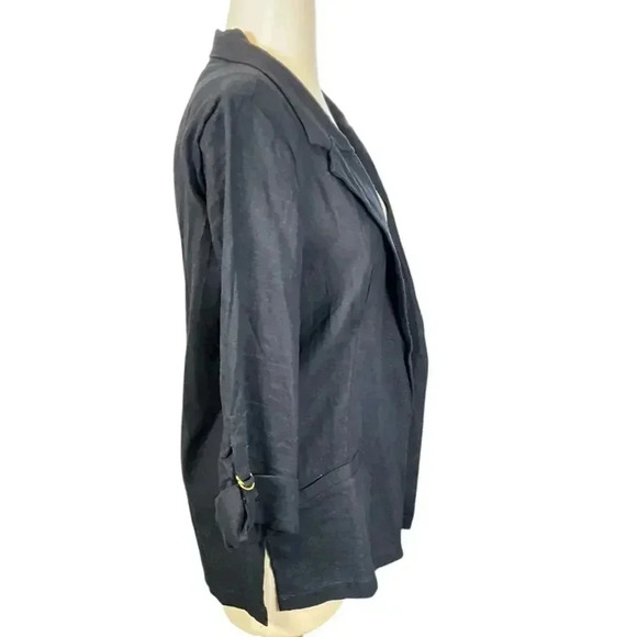 Ellen Tracy Open Front Linen Blend Blazer Size Medium Navy Blue Gold Ring - Picture 5 of 12